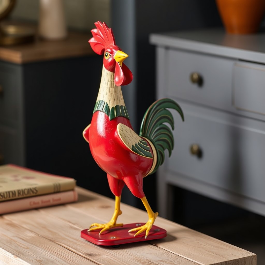 Rooster Charm team examining a dancing rooster clockwork toy in Paris