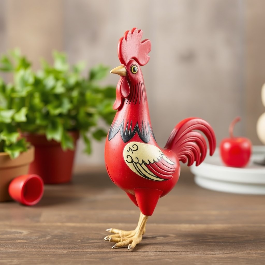 Close-up of enamel and cam mechanism on a vintage rooster toy
