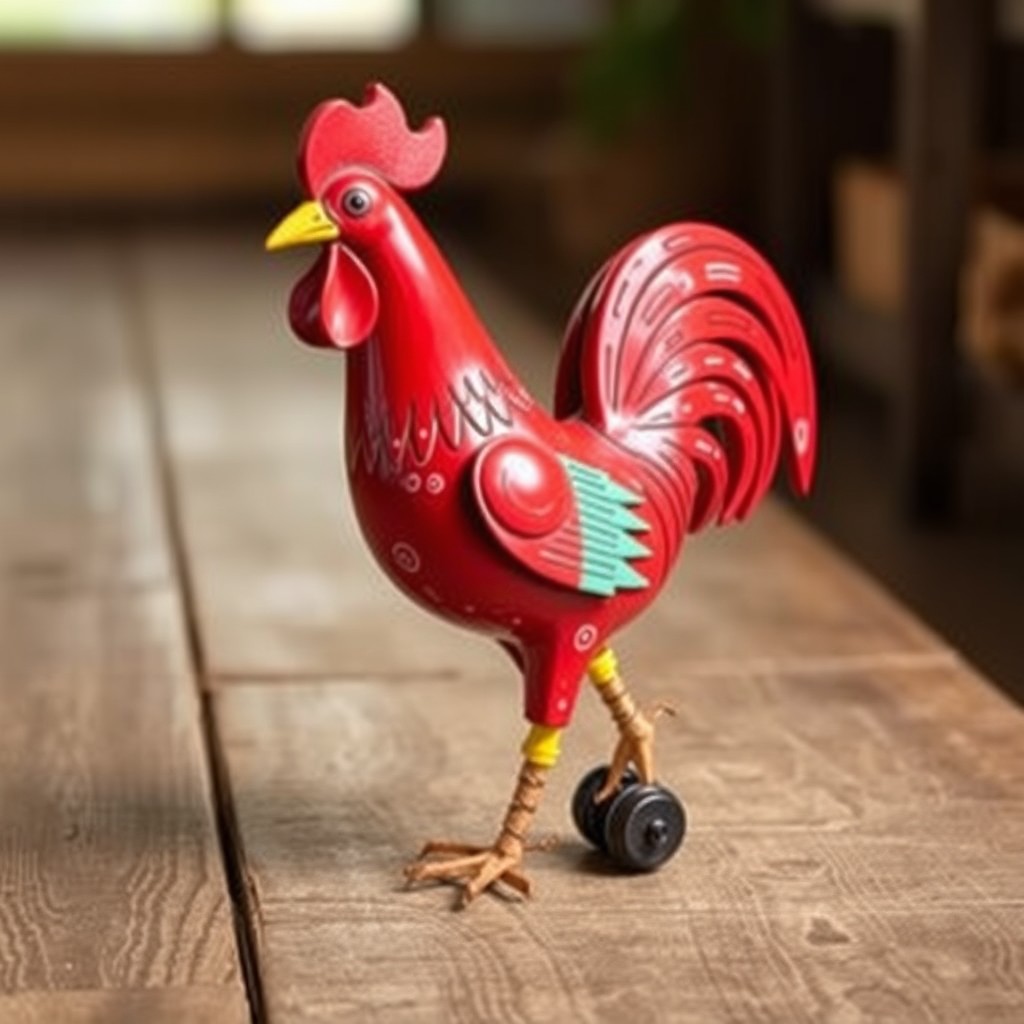 Rooster Charm – Paris team studying a dancing red rooster mechanism