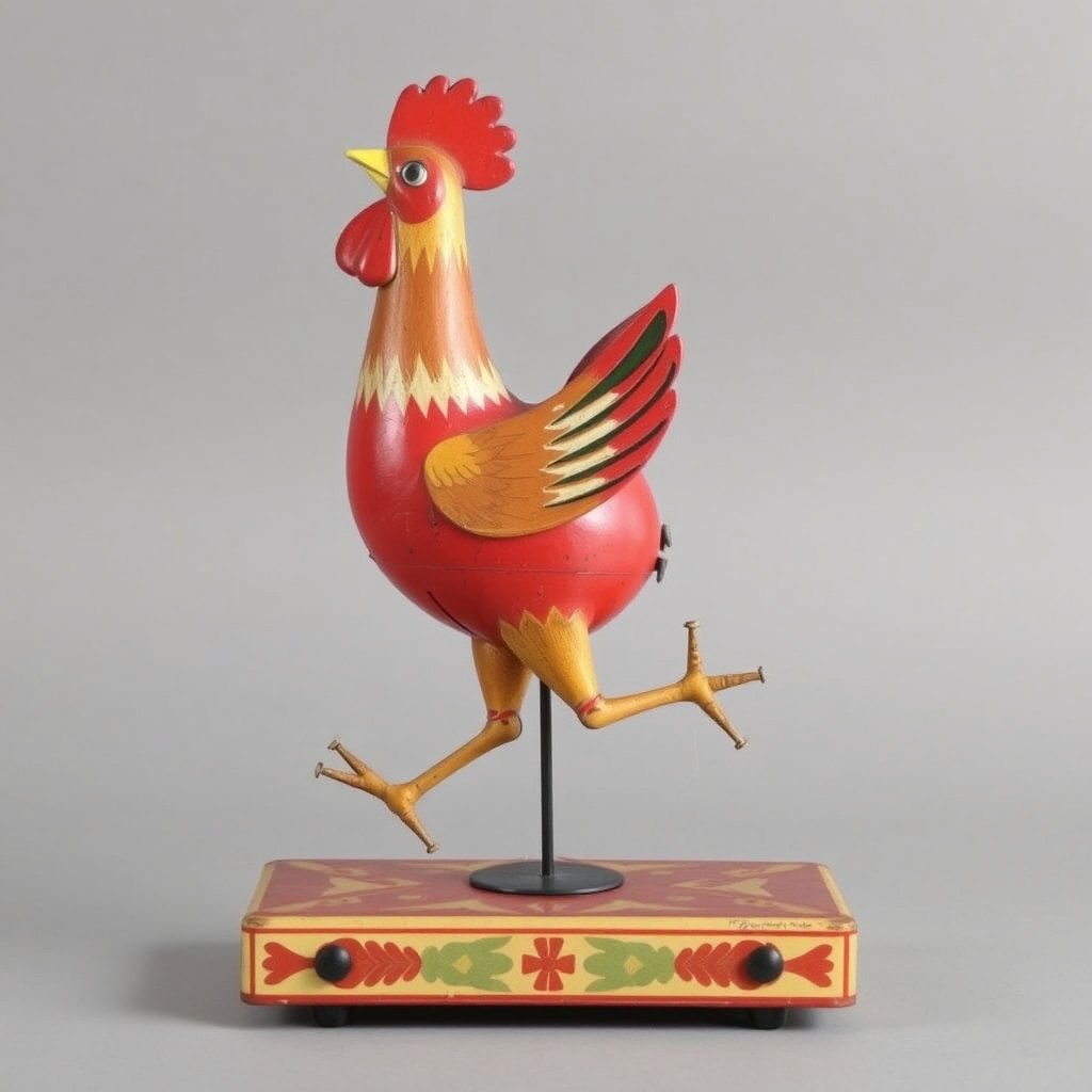 Dancing Red Rooster tin wind-up toy detailed view