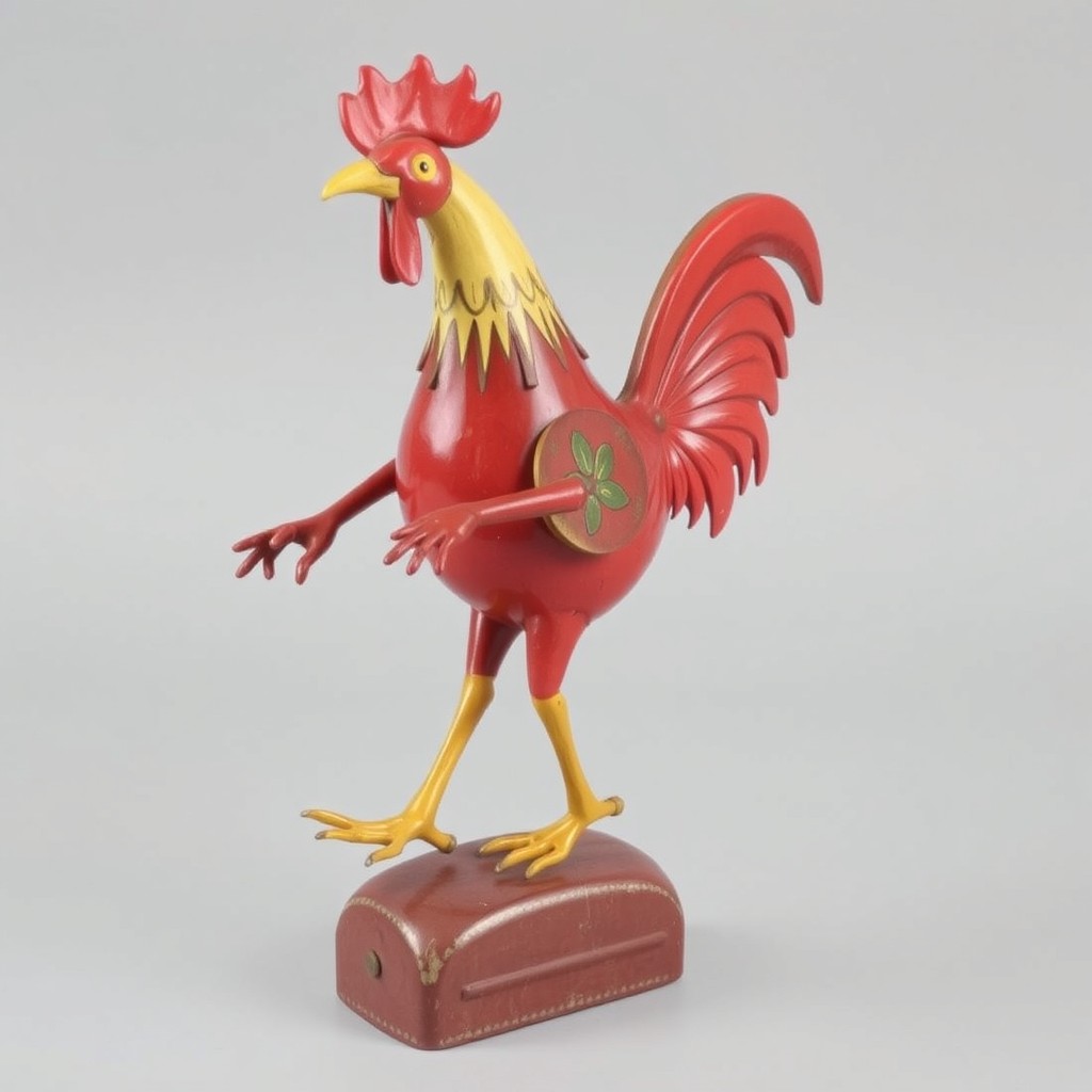 Golden-age tin toys and a dancing rooster mechanism
